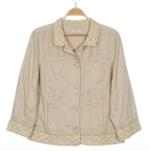 J. Jill Lightweight Cream Beige Lace Appliqué Collared Jacket Women's Medium M